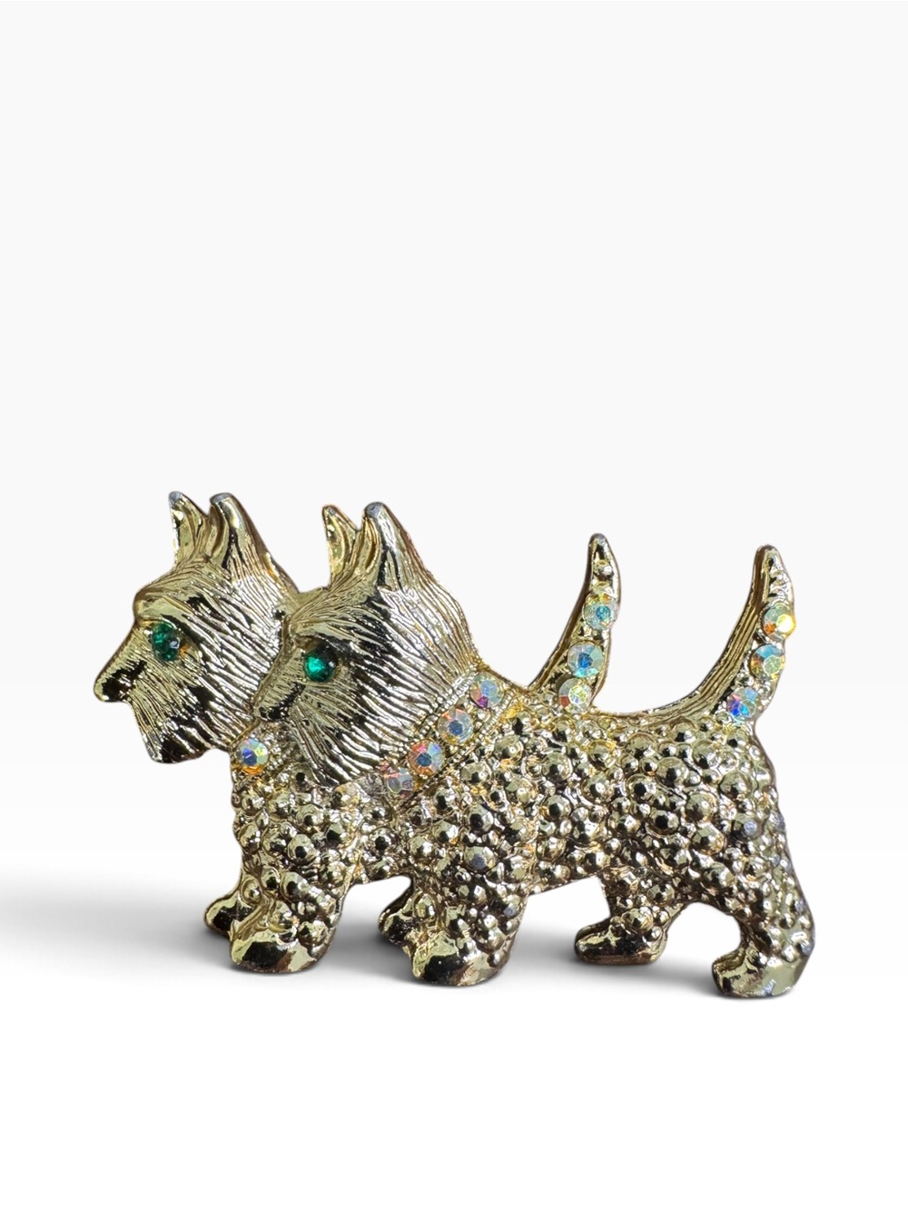 Vintage Gold Twin Scottie Dog Brooch with Green and Aurora Stones